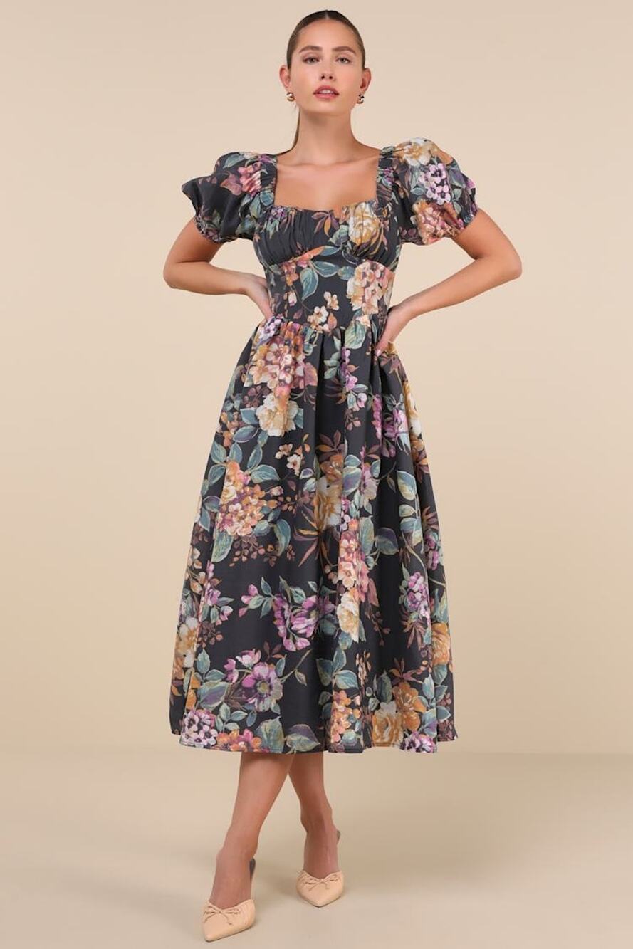 NWT Lulus Adorable Tendencies Dark Grey Floral Puff Sleeve Midi Dress Party XL